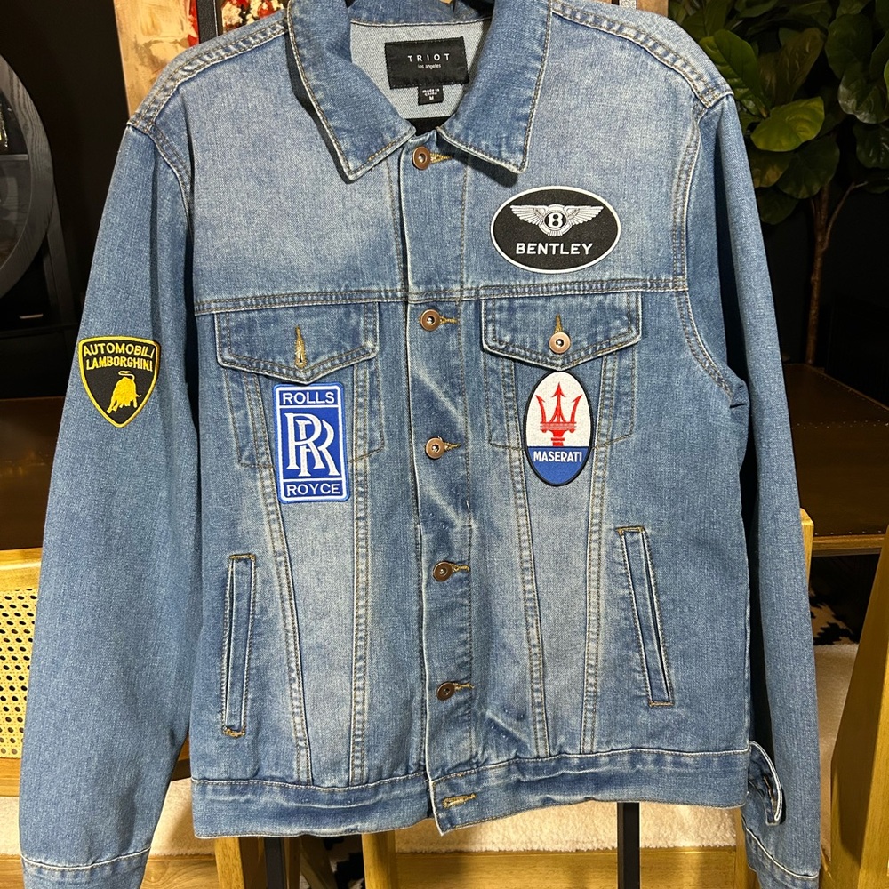 Men’s Blue Denim Jacket with exotic car Patches size medium